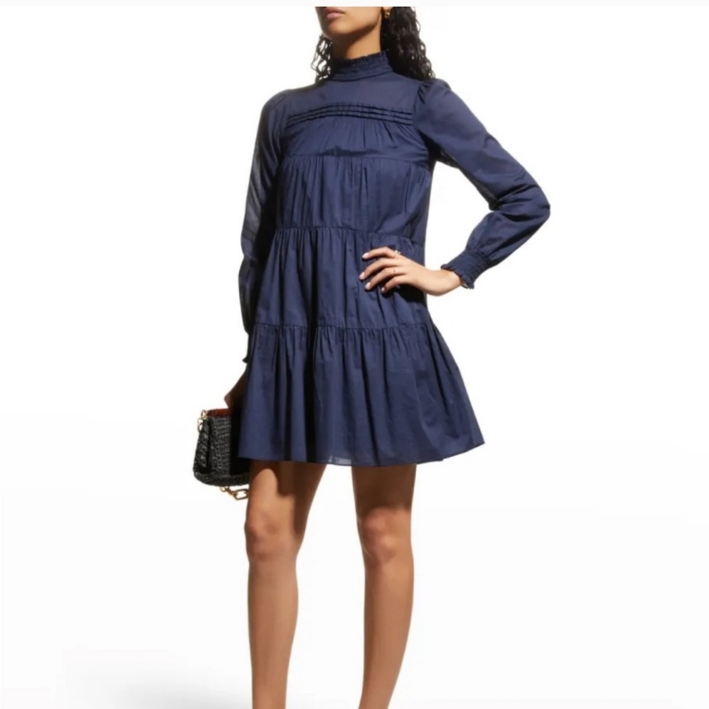 MICHAEL  Michael Kors Mock Neck Tiered Babydoll Dress Cotton M Navy